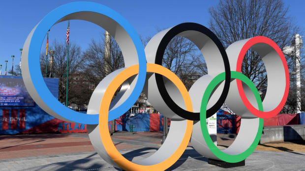 The Olympics rings on display outdoors